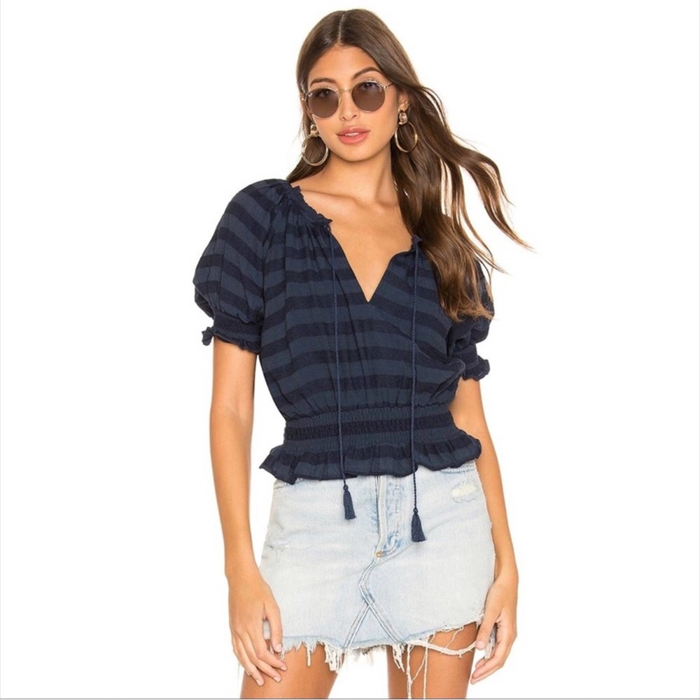 Tularosa Blue Striped Top Juliana Short Sleeve With Smocked Waist Size Small
